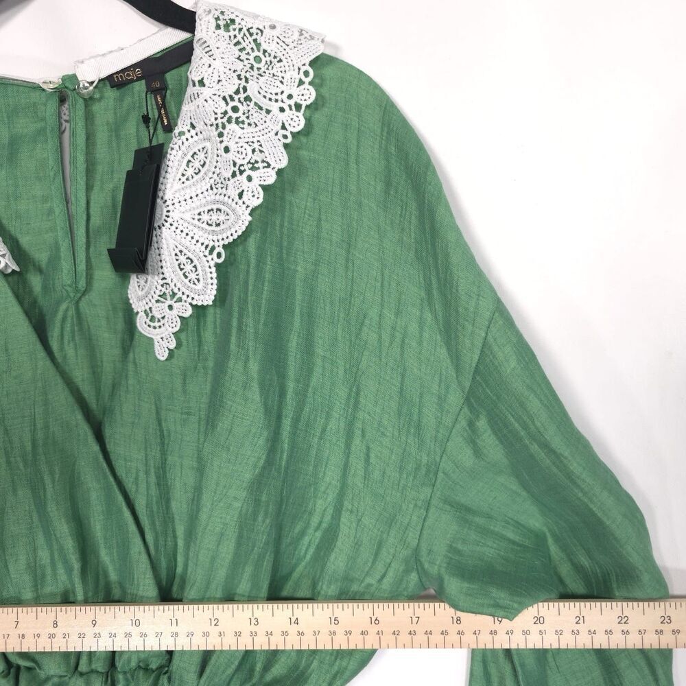 NWT MAJE Women’s‎ Size 40 US 8 LINEN Blend Short Jumpsuit Romper Green Lace - Picture 8 of 16
